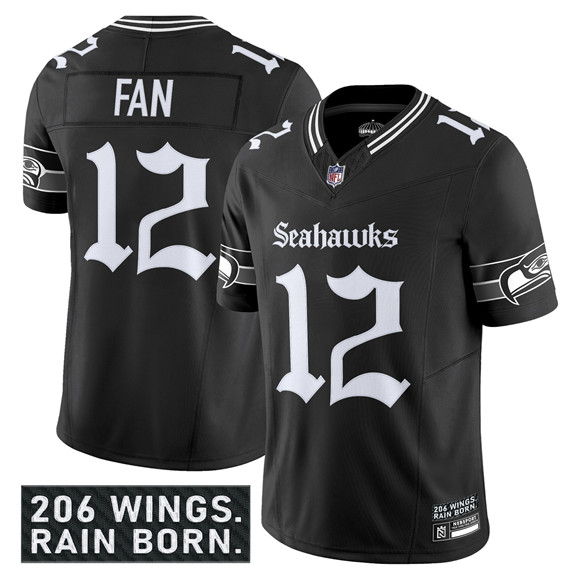 Personalized Men’s Seattle Seahawks #12 Fan Black 2025 F.U.S.E. ‘Gothic Rain City Shadows Edition’ Limited Stitched Football Jersey