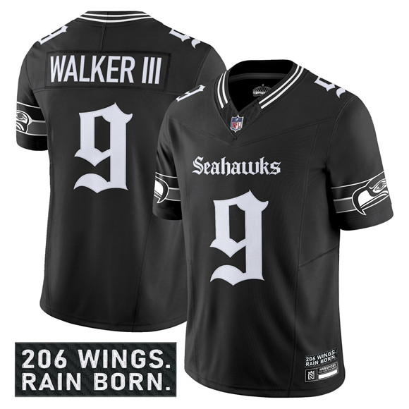 Personalized Men’s Seattle Seahawks #9 Kenneth Walker III Black 2025 F.U.S.E. ‘Gothic Rain City Shadows Edition’ Limited Stitched Football Jersey