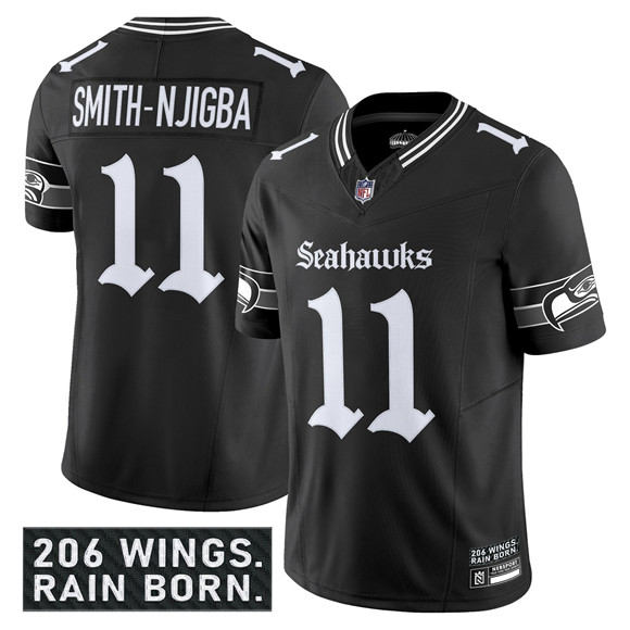 Personalized Men’s Seattle Seahawks #11 Jaxon Smith-Njigba Black 2025 F.U.S.E. ‘Gothic Rain City Shadows Edition’ Limited Stitched Football Jersey