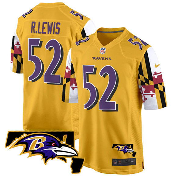 Personalized Men’s Baltimore Ravens #52 Ray Lewis Gold 2025 Maryland Flag Limited Football Game Jersey