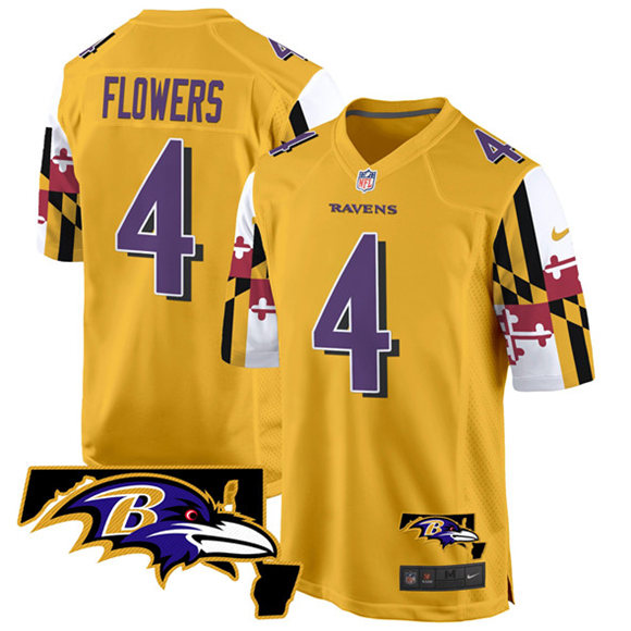 Personalized Men’s Baltimore Ravens #4 Zay Flowers Gold 2025 Maryland Flag Limited Football Game Jersey