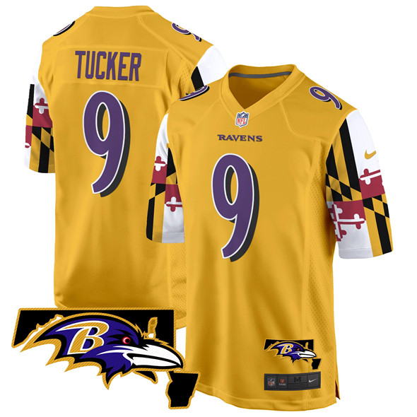 Personalized Men’s Baltimore Ravens #9 Justin Tucker Gold 2025 Maryland Flag Limited Football Game Jersey