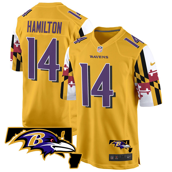 Personalized Men’s Baltimore Ravens #14 Kyle Hamilton Gold 2025 Maryland Flag Limited Football Game Jersey