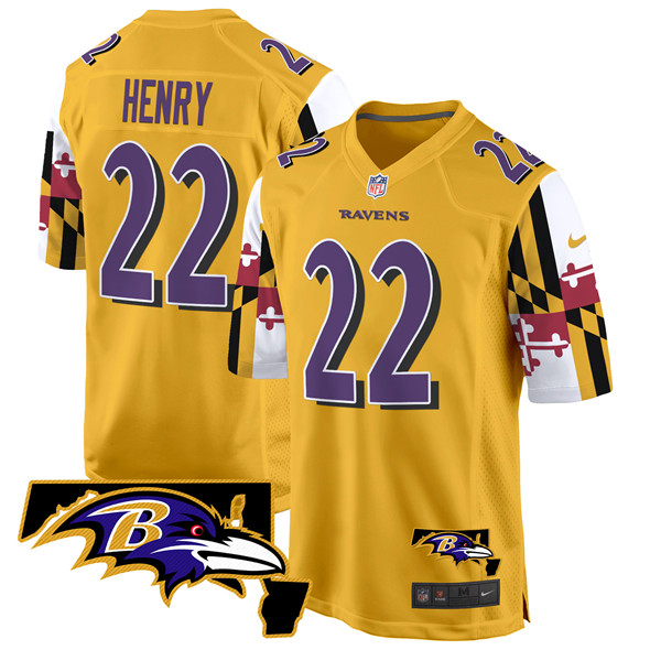 Personalized Men’s Baltimore Ravens #22 Derrick Henry Gold 2025 Maryland Flag Limited Football Game Jersey