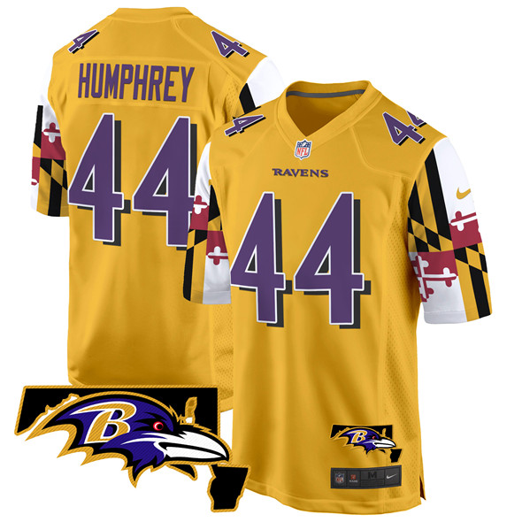 Personalized Men’s Baltimore Ravens #44 Marlon Humphrey Gold 2025 Maryland Flag Limited Football Game Jersey