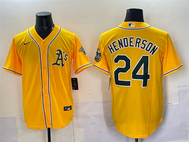 Personalized Men’s Oakland Athletics #24 Rickey Henderson Yellow With Patch Stitched Baseball Jersey