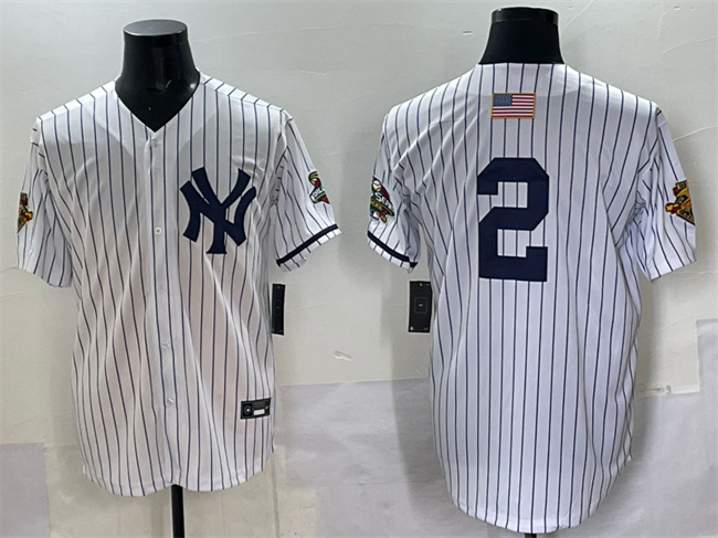 Personalized Men’s New York Yankees #2 Derek Jeter White Strip World Series Limited Stitched Baseball Jersey
