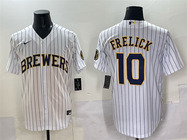 Personalized Men’s Milwaukee Brewers #10 Sal Frelick White Pinstripe 2025 With Patch Stitched Baseball Jersey