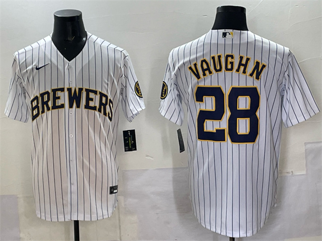 Personalized Men’s Milwaukee Brewers #28 Andrew Vaughn White Pinstripe 2025 With Patch Stitched Baseball Jersey