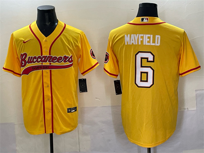 Personalized Men’s Tampa Bay Buccaneers #6 Baker Mayfield Gold Cool Base Stitched Baseball Jersey