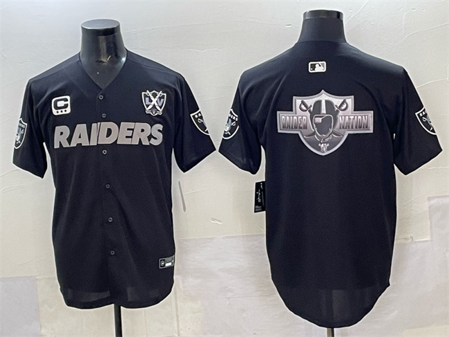 Personalized Men’s Las Vegas Raiders Team Big Logo Black With Nevada Silver Stat Patch And 65th Anniversary Patch 3-Star C Patch Stitched Baseball Jersey