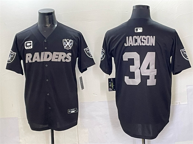 Personalized Men’s Las Vegas Raiders #34 Bo Jackson Black With Nevada Silver Stat Patch And 65th Anniversary Patch 3-Star C Patch Stitched Baseball Jersey