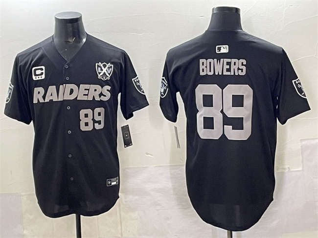 Personalized Men’s Las Vegas Raiders #89 Brock Bowers Black With Nevada Silver Stat Patch And 65th Anniversary Patch 3-Star C Patch Stitched Baseball Jersey
