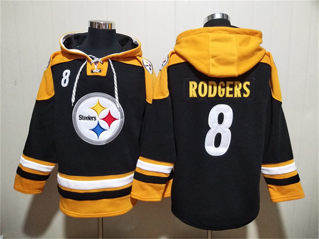 Personalized Men’s Pittsburgh Steelers #8 Aaron Rodgers Black Ageless Must-Have Lace-Up Pullover Hoodie