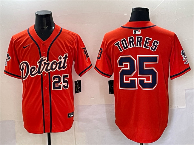 Personalized Men’s Detroit Tigers #25 Gleyber Torres Orange With Patch Premier Limited Stitched Baseball Jersey