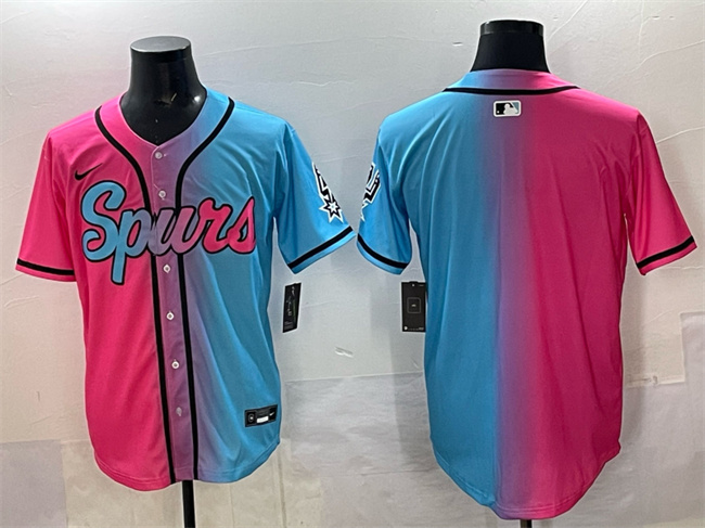 Personalized Men’s San Antonio Spurs Blank Pink Blue Limited Stitched Baseball Jersey