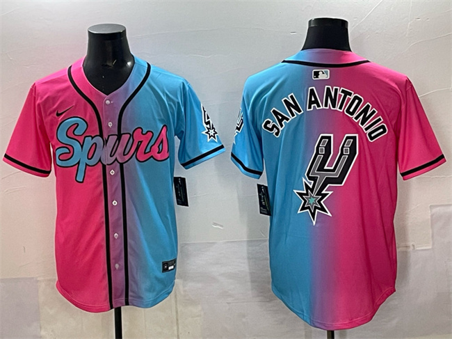 Personalized Men’s San Antonio Spurs Team Big Logo Pink Blue Limited Stitched Baseball Jersey