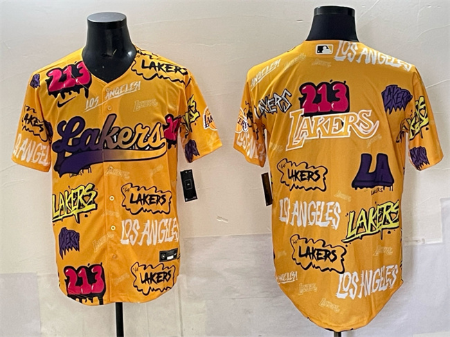 Personalized Men’s Los Angeles Lakers Team Big Logo Yellow Limited Stitched Baseball Jersey