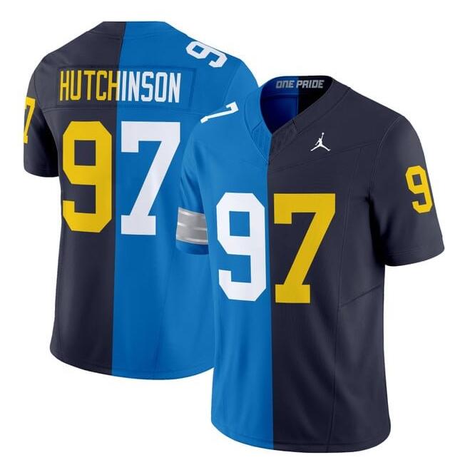 Personalized Men’s Detroit Lions X Wolverines #97 Aidan Hutchinson Blue Navy Split F.U.S.E. Limited Stitched Jersey
