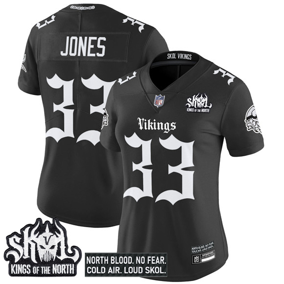 Personalized Women’s Minnesota Vikings #33 Aaron Jones Black 2025 Kings of the North Patch ‘Gothic Norseblood Edition’ Untouchable Limited Stitched Football Jersey(Run Small)