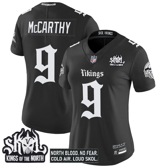 Personalized Women’s Minnesota Vikings #9 J.J. McCarthy Black 2025 Kings of the North Patch ‘Gothic Norseblood Edition’ Untouchable Limited Stitched Football Jersey(Run Small)