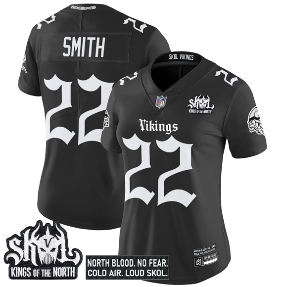 Personalized Women’s Minnesota Vikings #22 Harrison Smith Black 2025 Kings of the North Patch ‘Gothic Norseblood Edition’ Untouchable Limited Stitched Football Jersey(Run Small)