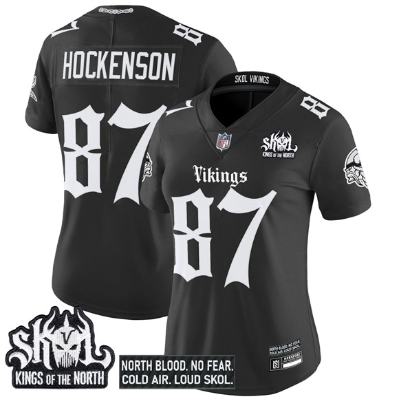 Personalized Women’s Minnesota Vikings #87 T.J. Hockenson Black 2025 Kings of the North Patch ‘Gothic Norseblood Edition’ Untouchable Limited Stitched Football Jersey(Run Small)