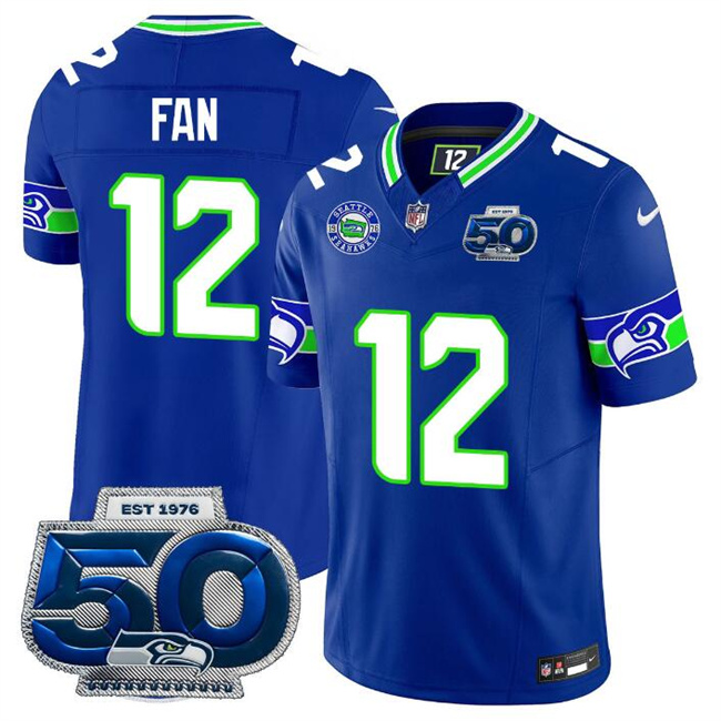 Personalized Men’s Seattle Seahawks #12 Fan Royal 2025 F.U.S.E 50th Season Patch Throwback Limited Stitched Football Jersey