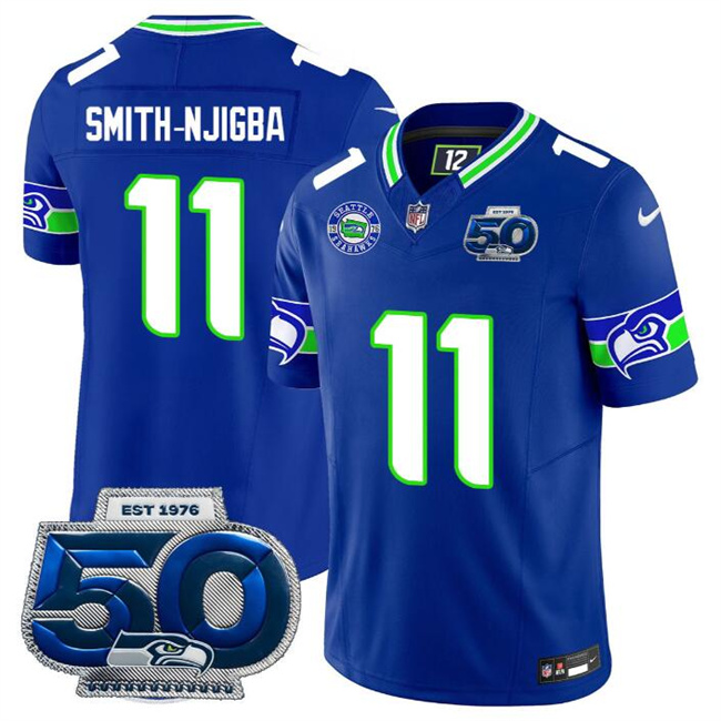 Personalized Men’s Seattle Seahawks #11 Jaxon Smith-Njigba Royal 2025 F.U.S.E. 50th Season Patch Throwback Limited Stitched Football Jersey