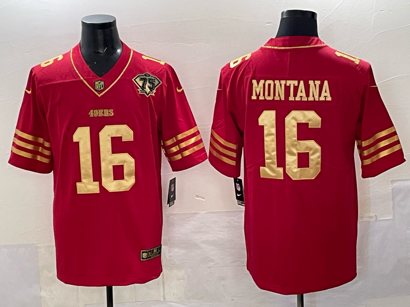 Personalized Men’s San Francisco 49ers #16 Joe Montana Red Gold With 75th Patch Limited Stitched Football Jersey