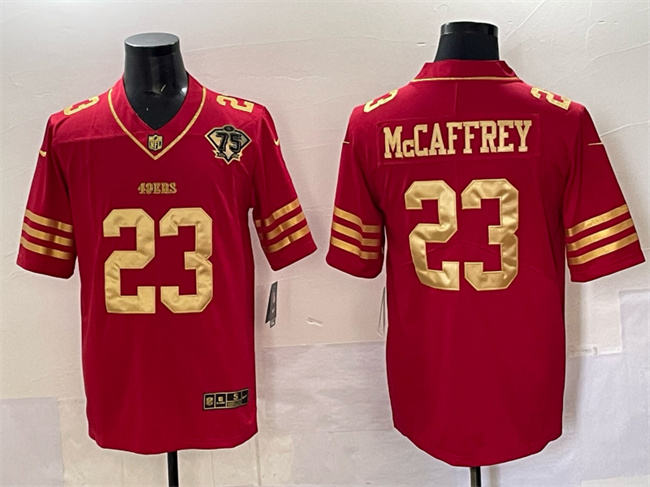 Personalized Men’s San Francisco 49ers #23 Christian McCaffrey Red Gold With 75th Patch Limited Stitched Football Jersey