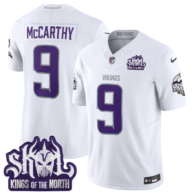 Personalized Men’s Minnesota Vikings #9 J.J. McCarthy White 2025 F.U.S.E. Winter Warrior Skol Patch Limited Stitched Football Jersey