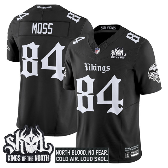 Personalized Men’s Minnesota Vikings #84 Randy Moss Black 2025 F.U.S.E. Kings of the North Patch ‘Gothic Norseblood Edition’ Untouchable Limited Stitched Football Jersey