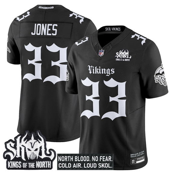 Personalized Men’s Minnesota Vikings #33 Aaron Jones Black 2025 F.U.S.E. Kings of the North Patch ‘Gothic Norseblood Edition’ Untouchable Limited Stitched Football Jersey