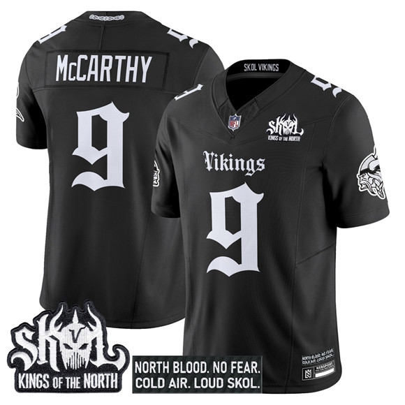 Personalized Men’s Minnesota Vikings #9 J.J. McCarthy Black 2025 F.U.S.E. Kings of the North Patch ‘Gothic Norseblood Edition’ Untouchable Limited Stitched Football Jersey
