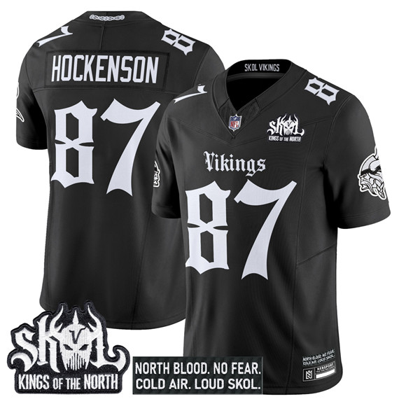 Personalized Men’s Minnesota Vikings #87 T.J. Hockenson Black 2025 F.U.S.E. Kings of the North Patch ‘Gothic Norseblood Edition’ Untouchable Limited Stitched Football Jersey