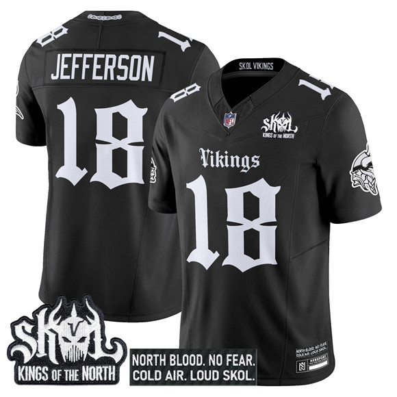 Personalized Men’s Minnesota Vikings #18 Justin Jefferson Black 2025 F.U.S.E. Kings of the North Patch ‘Gothic Norseblood Edition’ Untouchable Limited Stitched Football Jersey