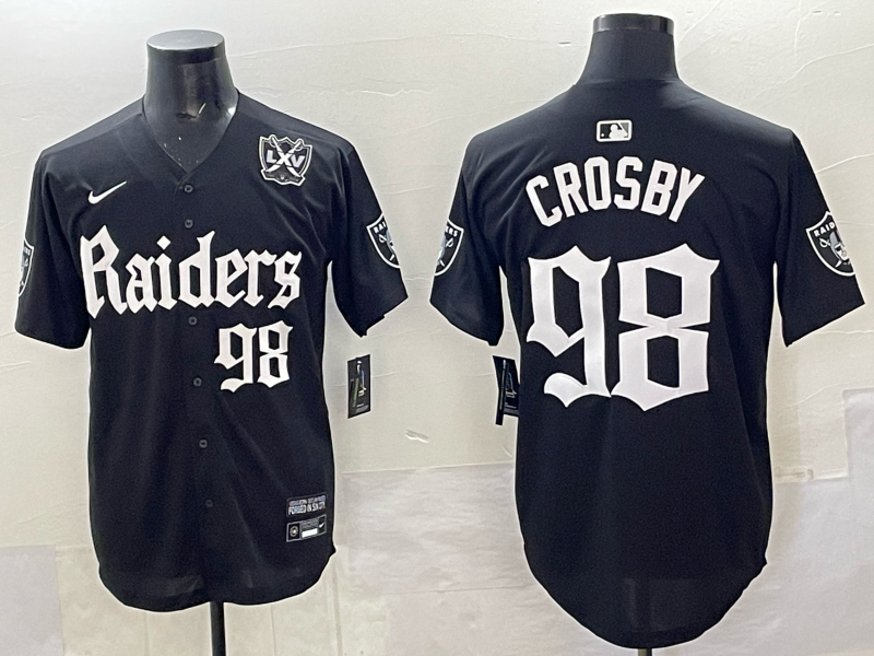 Personalized Men’s Las Vegas Raiders #98 Maxx Crosby Black ‘Gothic Sin City Shadows Edition’ With 65th Anniversary Patch Limited Stitched Baseball Jersey