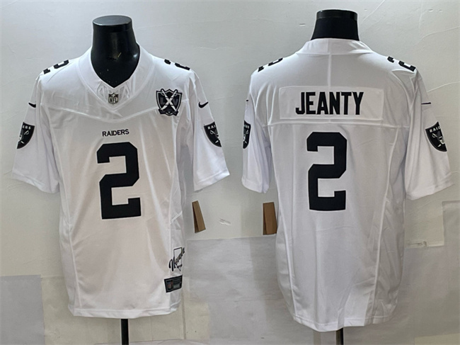 Personalized Men’s Las Vegas Raiders #2 Ashton Jeanty White 2025 Draft F.U.S.E. With Nevada Silver Stat Patch And 65th Anniversary Patch Stitched Football Jersey