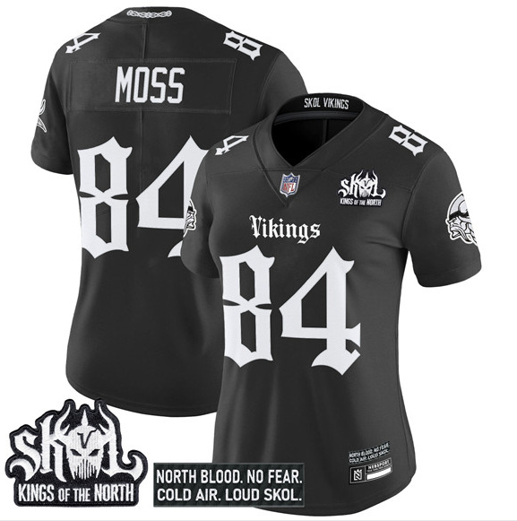 Personalized Women’s Minnesota Vikings #84 Randy Moss Black 2025 Kings of the North Patch Gothic Norseblood Edition Untouchable Limited Stitched Football Jersey(Run Small)