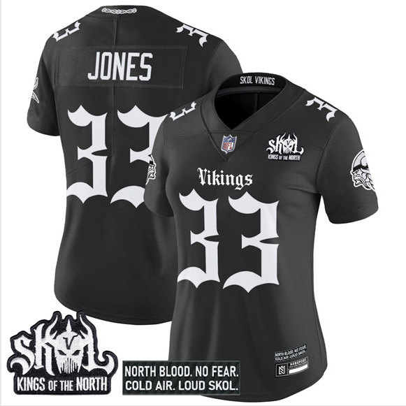 Personalized Women’s Minnesota Vikings #33 Aaron Jones Black 2025 Kings of the North Patch Gothic Norseblood Edition Untouchable Limited Stitched Football Jersey(Run Small)