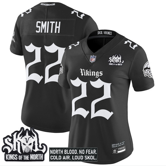 Personalized Women’s Minnesota Vikings #22 Harrison Smith Black 2025 Kings of the North Patch Gothic Norseblood Edition Untouchable Limited Stitched Football Jersey(Run Small)
