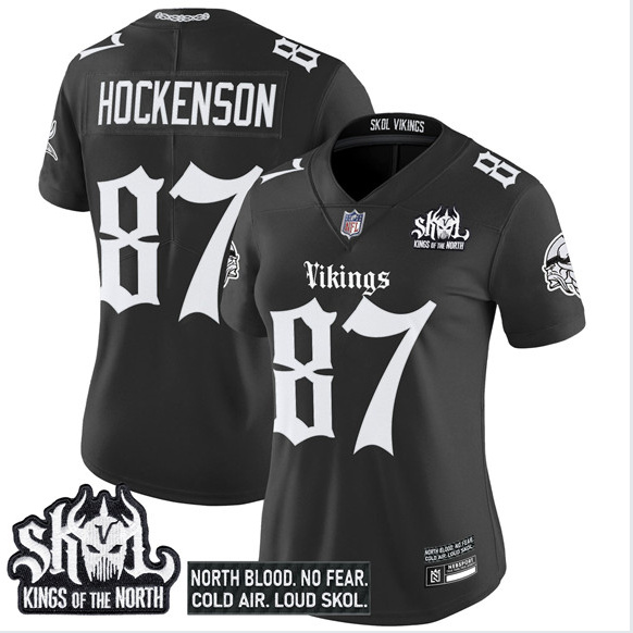 Personalized Women’s Minnesota Vikings #87 T.J. Hockenson Black 2025 Kings of the North Patch Gothic Norseblood Edition Untouchable Limited Stitched Football Jersey(Run Small)