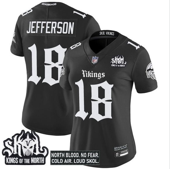 Personalized Women’s Minnesota Vikings #18 Justin Jefferson Black 2025 Kings of the North Patch Gothic Norseblood Edition Untouchable Limited Stitched Football Jersey(Run Small)