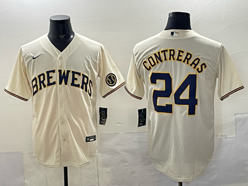 Personalized Men’s Milwaukee Brewers #24 William Contreras Cream With Patch Stitched Baseball Jersey