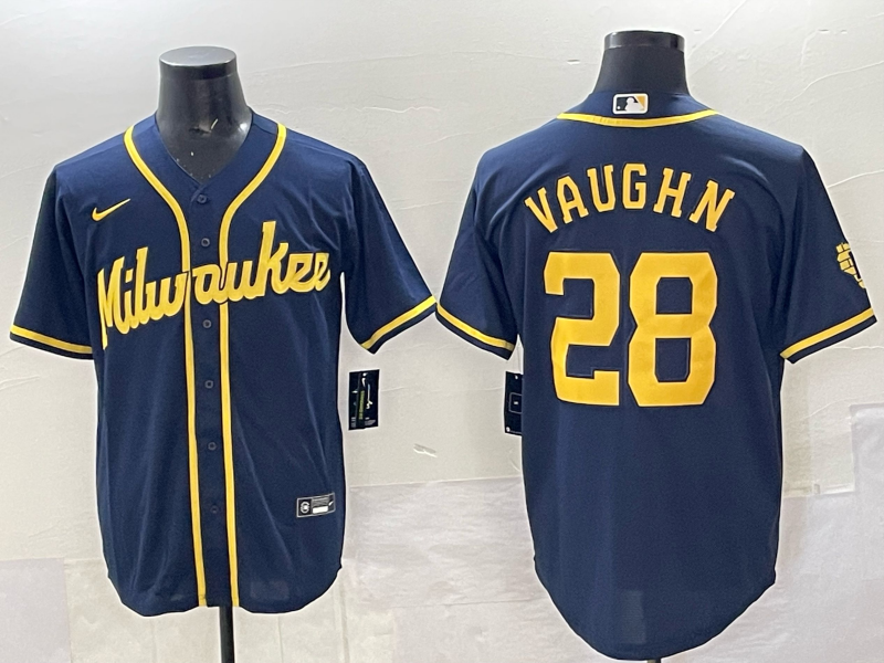 Personalized Men’s Milwaukee Brewers #28 Andrew Vaughn Navy 2025 With Patch Stitched Baseball Jersey