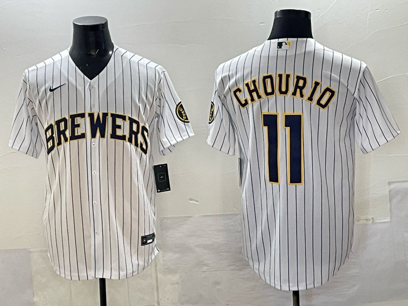 Personalized Men’s Milwaukee Brewers #11 Jackson Chourio White Pinstripe 2025 With Patch Stitched Baseball Jersey