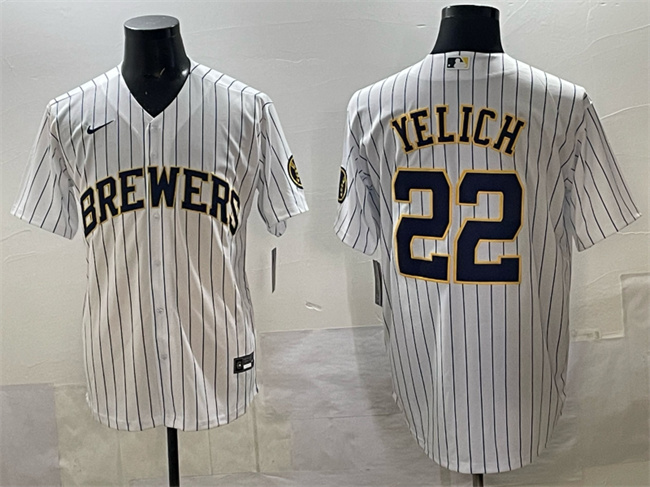 Personalized Men’s Milwaukee Brewers #22 Christian Yelich White Pinstripe 2025 With Patch Stitched Baseball Jersey