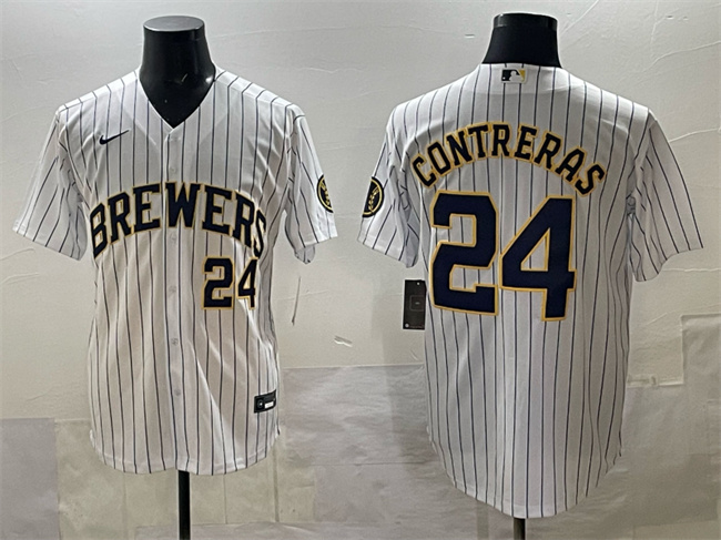 Personalized Men’s Milwaukee Brewers #24 William Contreras White Pinstripe 2025 With Patch Stitched Baseball Jersey
