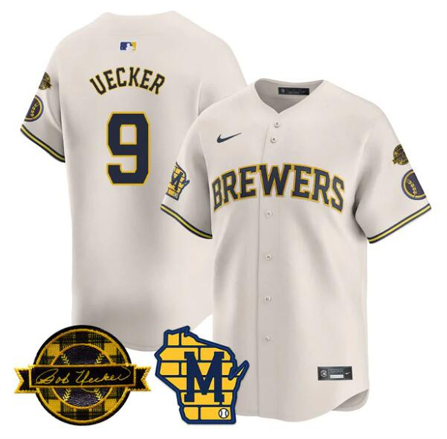 Personalized Men’s Milwaukee Brewers #9 Bob Uecker Cream With Home & Bob Uecker Patch Limited Stitched Baseball Jersey